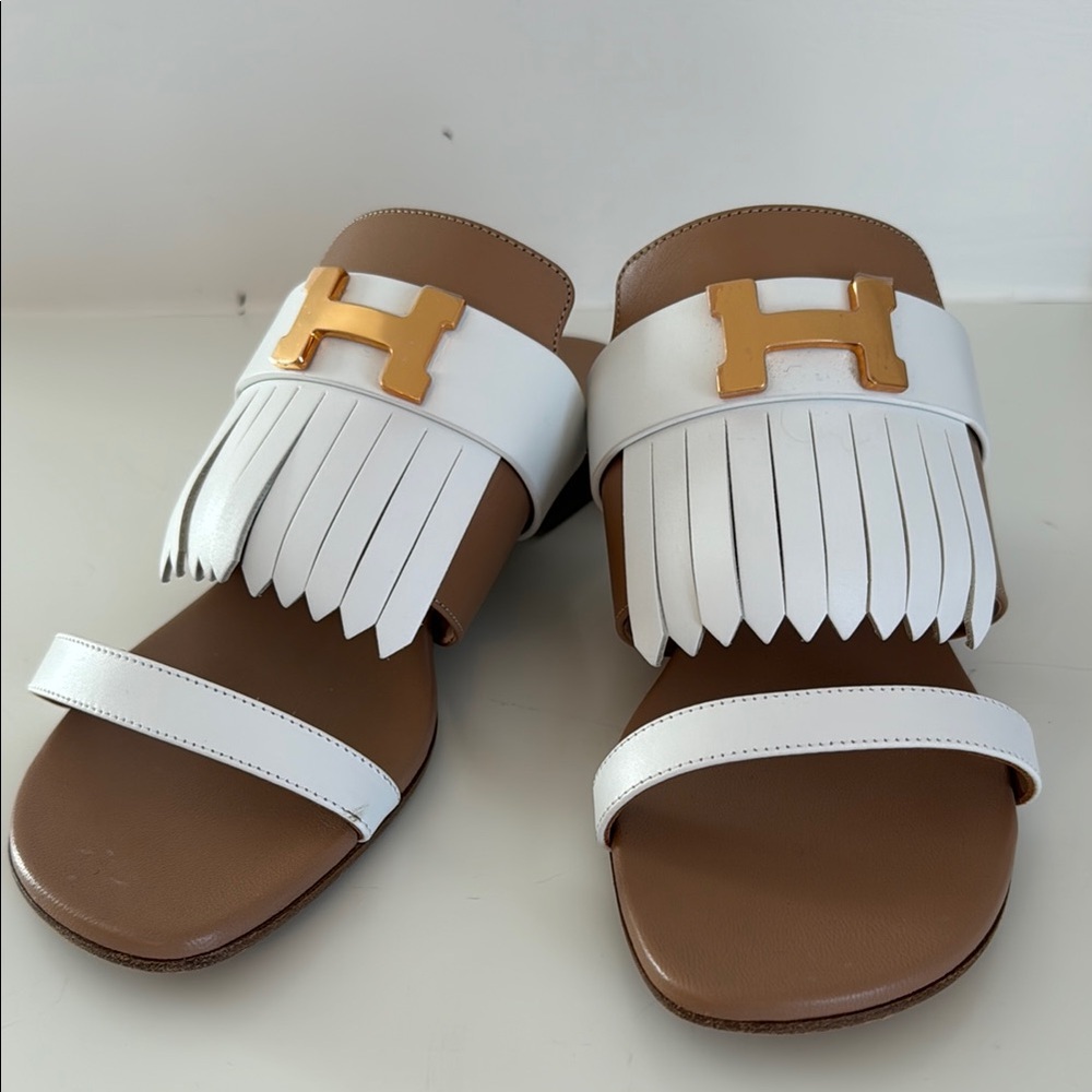 Hermes Rose Gold H buckle, White and Tan Coralia Sandals - Size 8